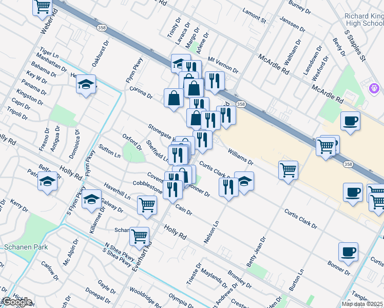 map of restaurants, bars, coffee shops, grocery stores, and more near 5333 Everhart Road in Corpus Christi