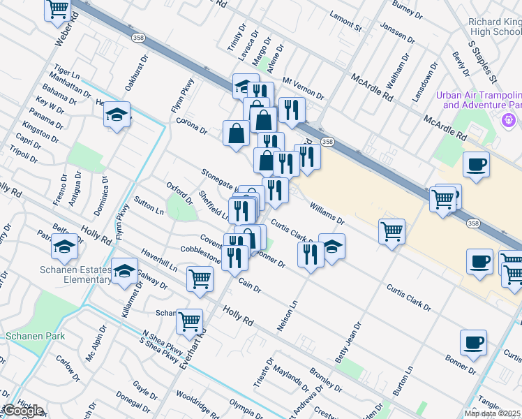 map of restaurants, bars, coffee shops, grocery stores, and more near 5333 Everhart Road in Corpus Christi