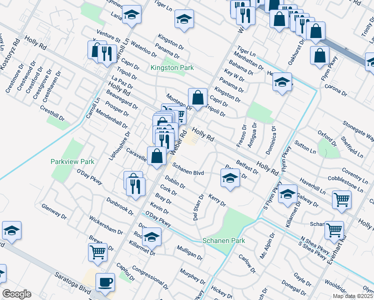 map of restaurants, bars, coffee shops, grocery stores, and more near 5714 Weber Road in Corpus Christi