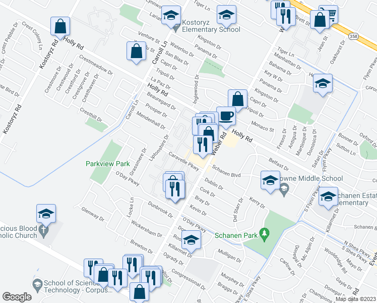 map of restaurants, bars, coffee shops, grocery stores, and more near 3860-3876 Caravelle Parkway in Corpus Christi