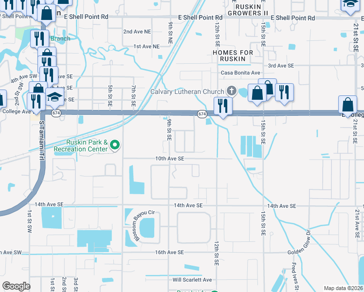 map of restaurants, bars, coffee shops, grocery stores, and more near 821 College Leaf Way in Ruskin