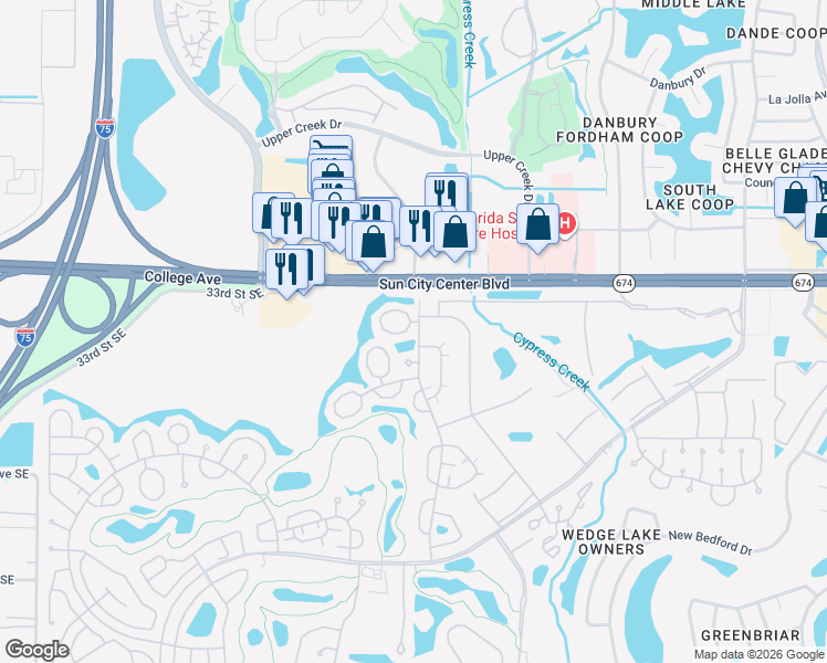 map of restaurants, bars, coffee shops, grocery stores, and more near 2345 Glenmore Circle in Sun City Center