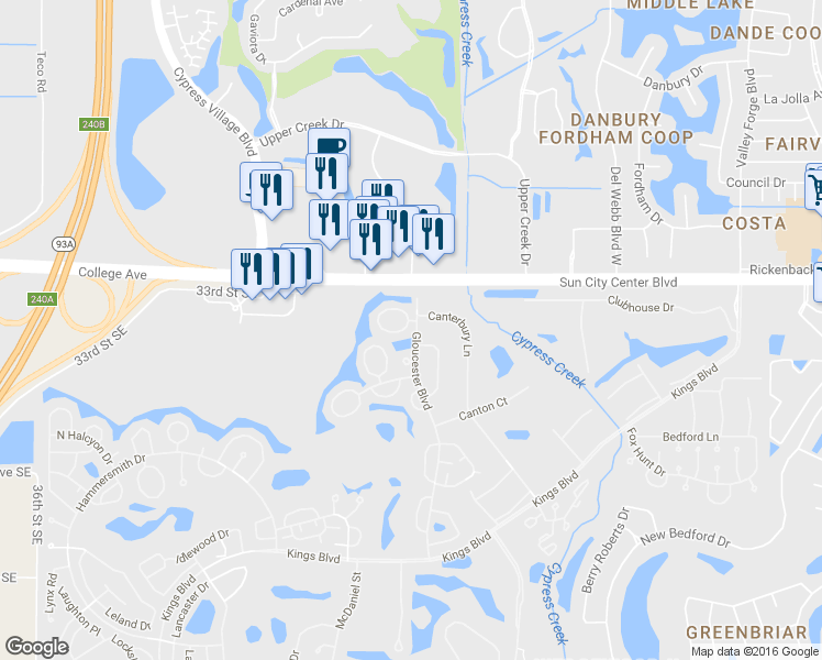 map of restaurants, bars, coffee shops, grocery stores, and more near 2345 Glenmore Circle in Sun City Center