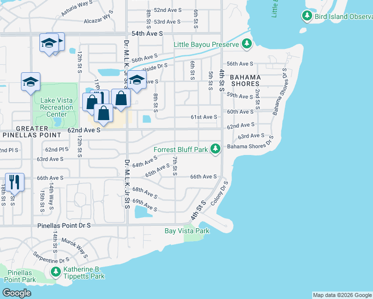map of restaurants, bars, coffee shops, grocery stores, and more near 636 63rd Avenue South in St. Petersburg