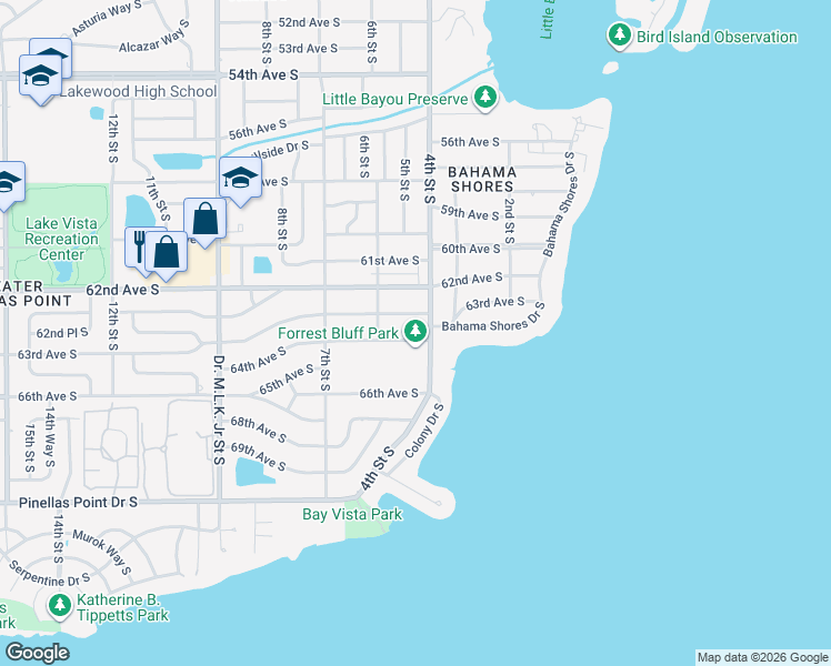 map of restaurants, bars, coffee shops, grocery stores, and more near 500 63rd Avenue South in St. Petersburg