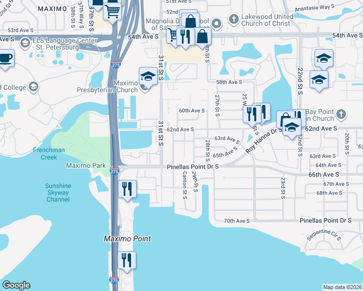 map of restaurants, bars, coffee shops, grocery stores, and more near 6300 30th Street South in St. Petersburg