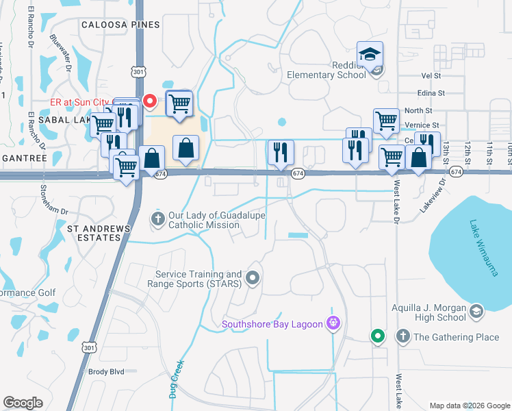 map of restaurants, bars, coffee shops, grocery stores, and more near 5107 Florida 674 in Wimauma