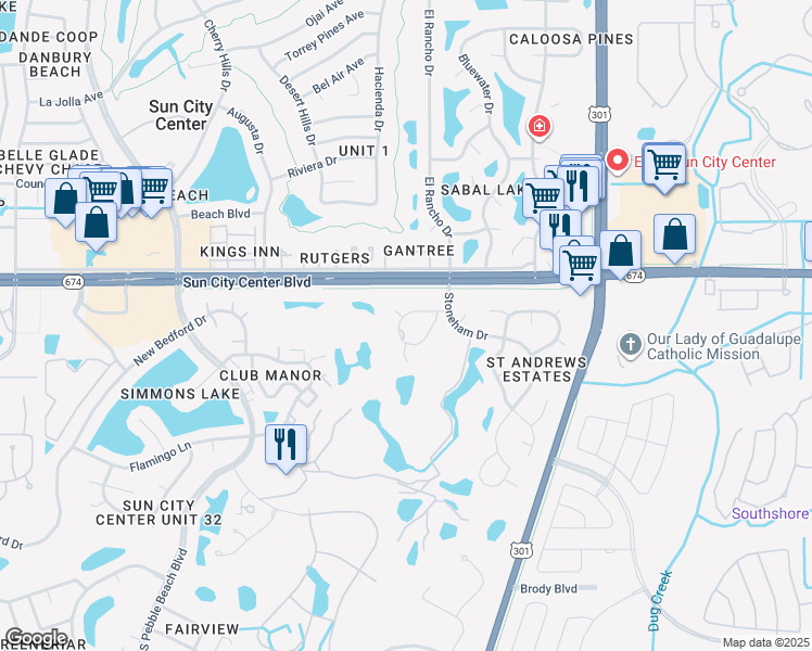 map of restaurants, bars, coffee shops, grocery stores, and more near 218 Amesbury Circle in Sun City Center