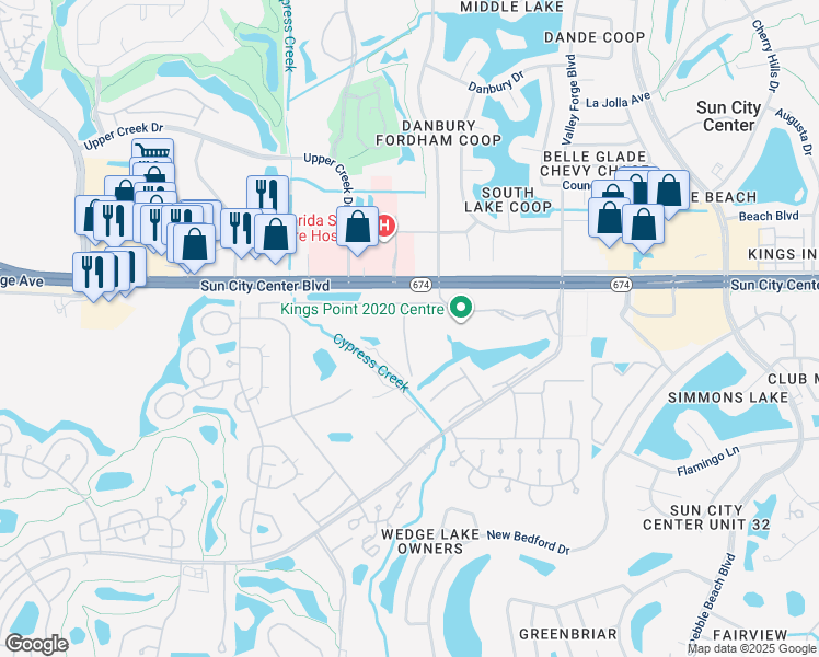 map of restaurants, bars, coffee shops, grocery stores, and more near 102 Cambridge Trail in Sun City Center