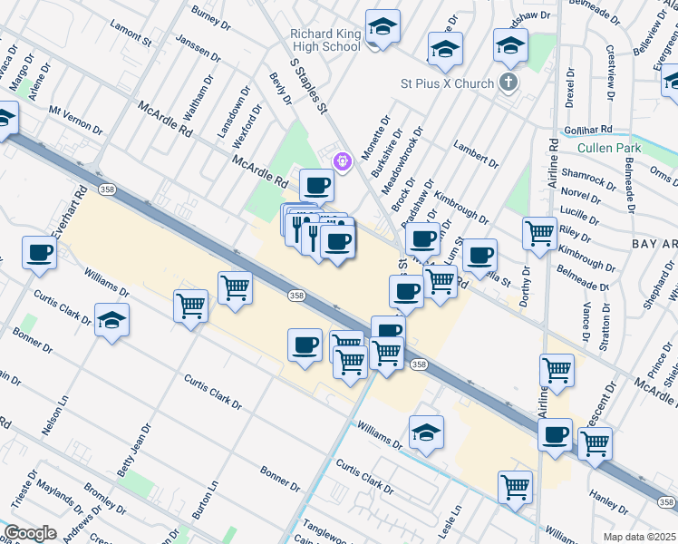 map of restaurants, bars, coffee shops, grocery stores, and more near 5488 South Padre Island Drive in Corpus Christi