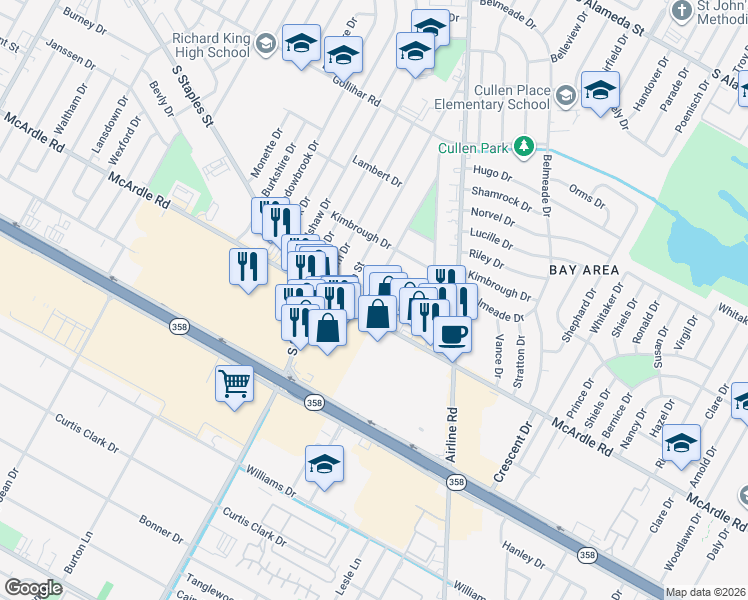 map of restaurants, bars, coffee shops, grocery stores, and more near 5613 Cordelia Street in Corpus Christi