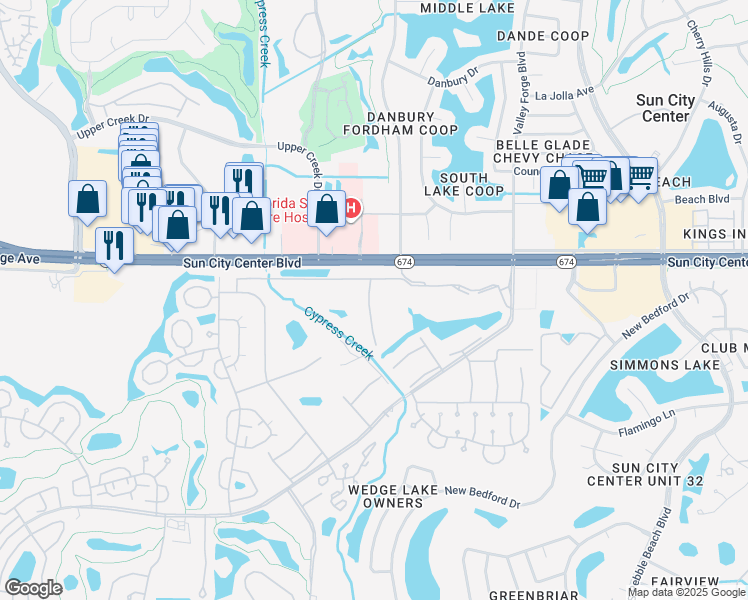 map of restaurants, bars, coffee shops, grocery stores, and more near 1101 Cambridge Trail in Sun City Center