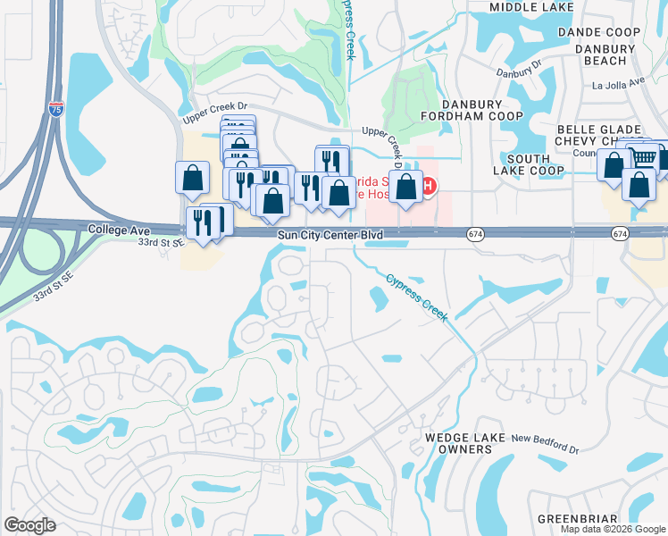 map of restaurants, bars, coffee shops, grocery stores, and more near 1908 Canterbury Lane in Sun City Center