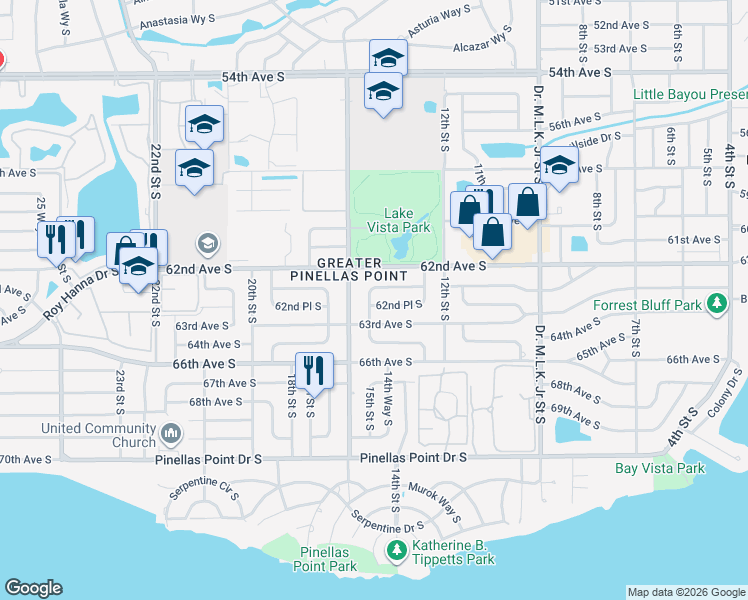 map of restaurants, bars, coffee shops, grocery stores, and more near 1440 62nd Terrace South in St. Petersburg