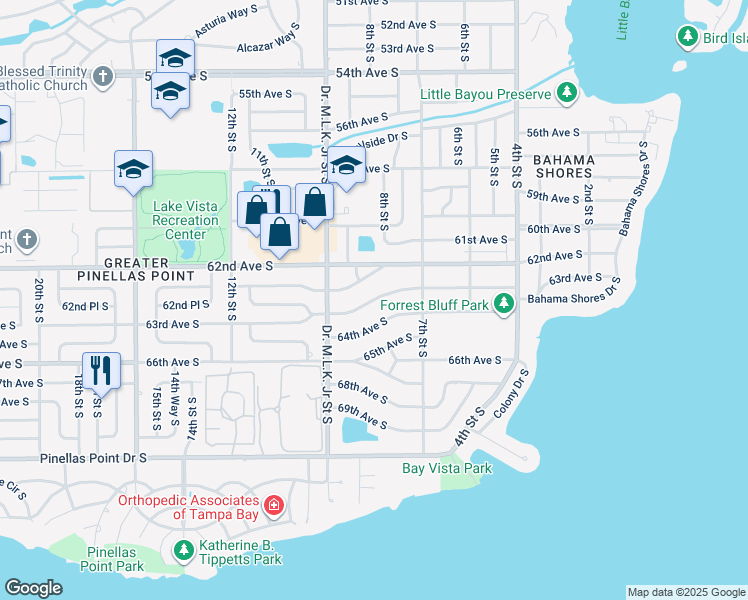 map of restaurants, bars, coffee shops, grocery stores, and more near 775 63rd Avenue South in Saint Petersburg