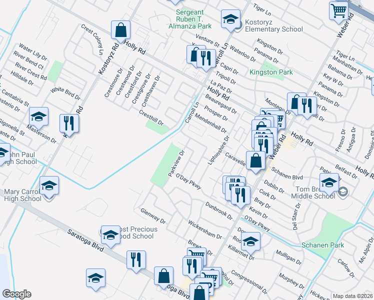 map of restaurants, bars, coffee shops, grocery stores, and more near 5921 Parkview Drive in Corpus Christi