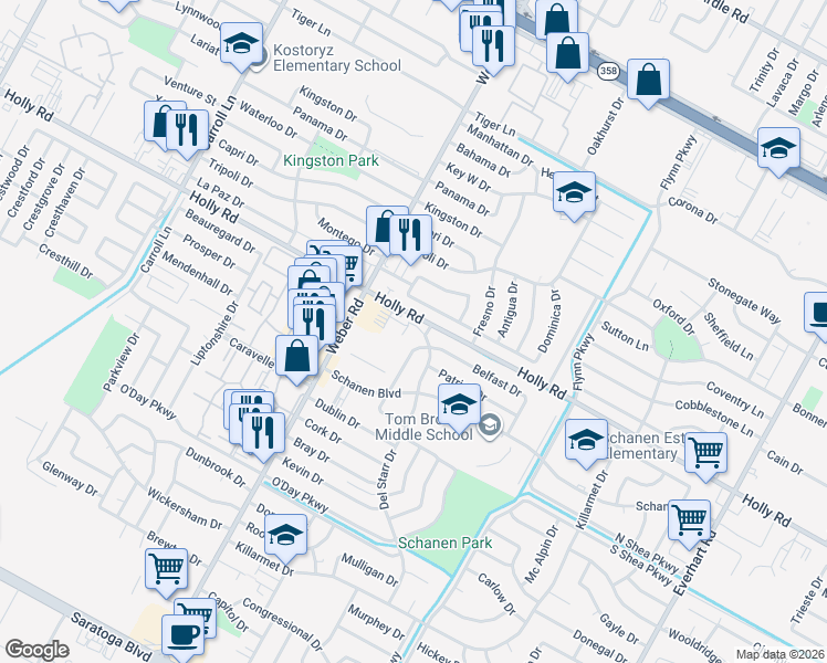 map of restaurants, bars, coffee shops, grocery stores, and more near 4101 Del Starr Drive in Corpus Christi