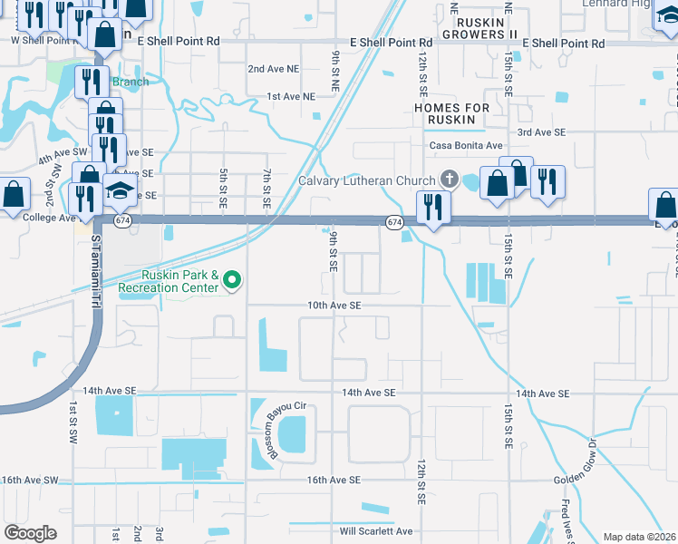 map of restaurants, bars, coffee shops, grocery stores, and more near 813 College Leaf Way in Ruskin
