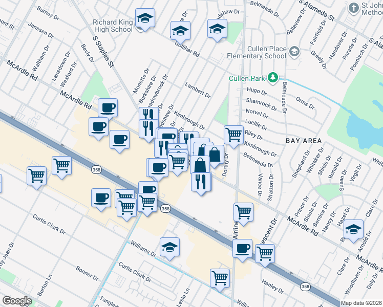 map of restaurants, bars, coffee shops, grocery stores, and more near 5613 Cordelia Street in Corpus Christi