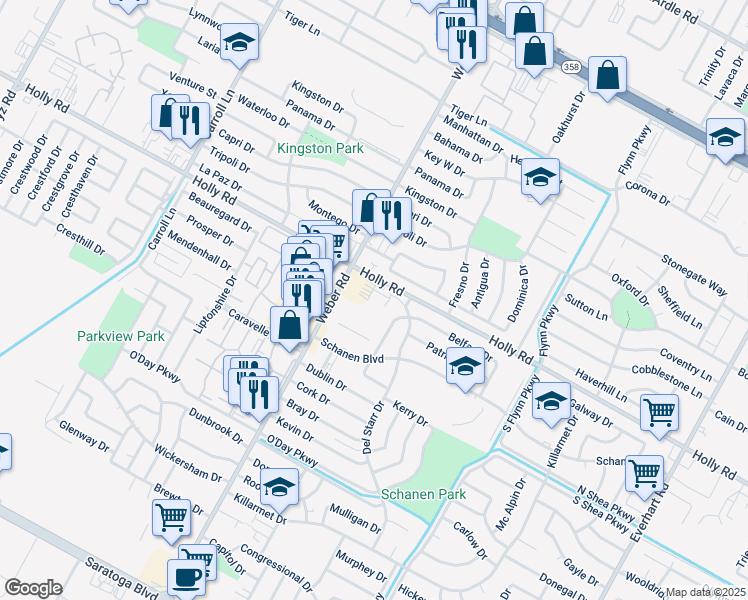 map of restaurants, bars, coffee shops, grocery stores, and more near 5714 Weber Road in Corpus Christi