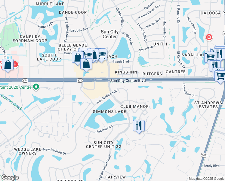 map of restaurants, bars, coffee shops, grocery stores, and more near 1359 New Bedford Drive in Sun City Center