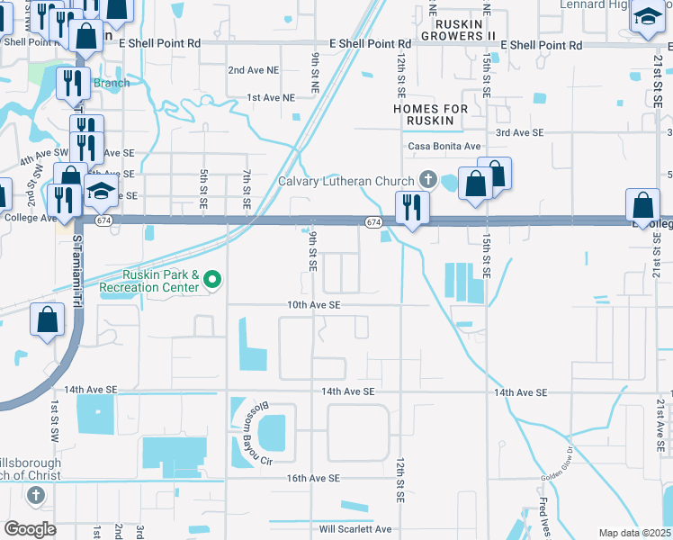 map of restaurants, bars, coffee shops, grocery stores, and more near 813 College Leaf Way in Ruskin