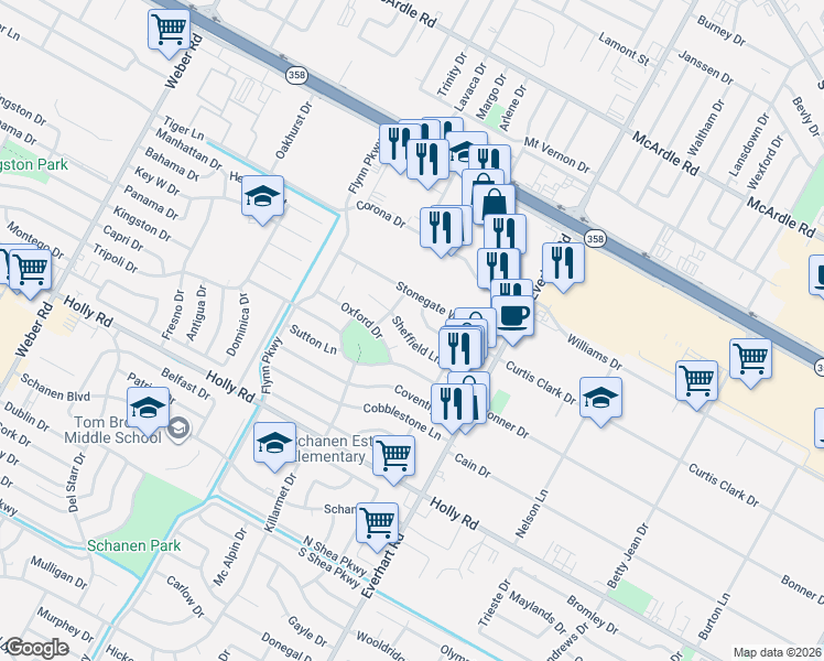 map of restaurants, bars, coffee shops, grocery stores, and more near 4618 Sheffield Ln in Corpus Christi