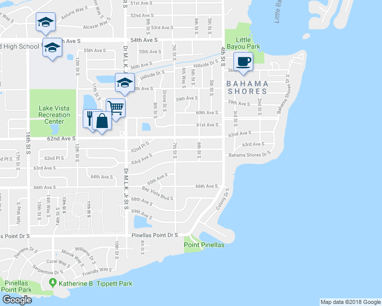 map of restaurants, bars, coffee shops, grocery stores, and more near 636 63rd Avenue South in St. Petersburg