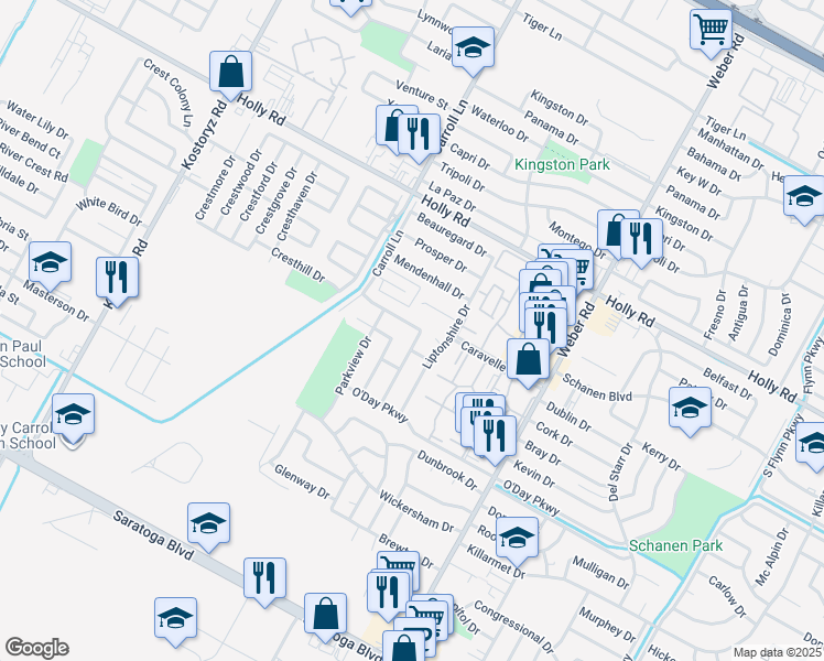 map of restaurants, bars, coffee shops, grocery stores, and more near 3761 Grassmere Drive in Corpus Christi