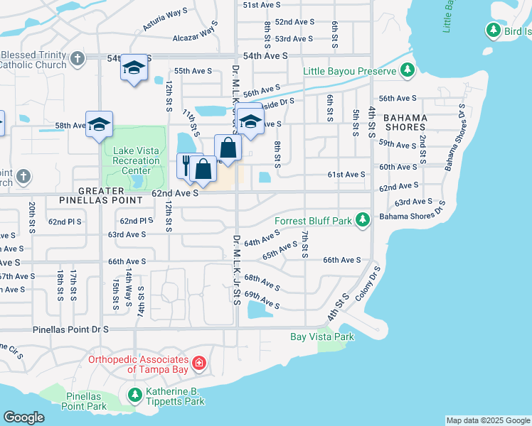 map of restaurants, bars, coffee shops, grocery stores, and more near 757 63rd Avenue South in St. Petersburg
