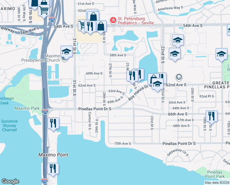 map of restaurants, bars, coffee shops, grocery stores, and more near 2650 63rd Avenue South in St. Petersburg