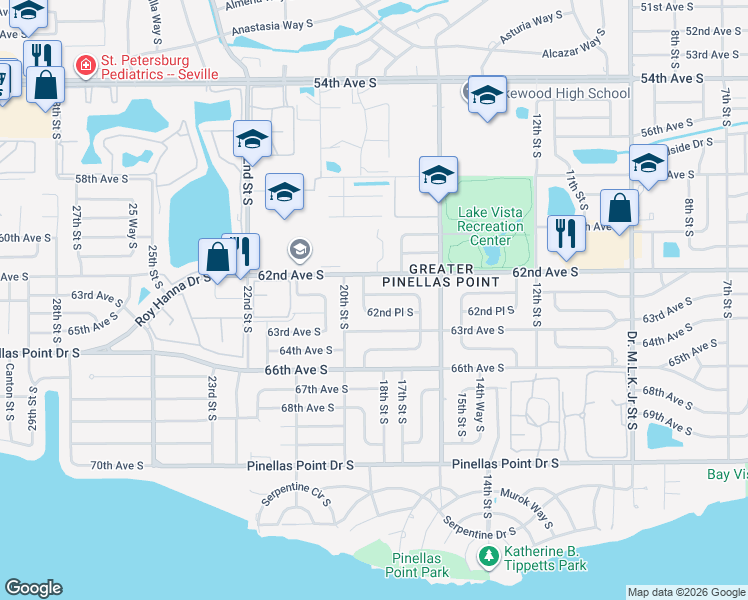 map of restaurants, bars, coffee shops, grocery stores, and more near 1862 62nd Terrace South in St. Petersburg