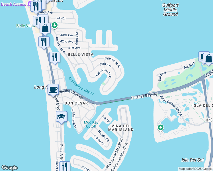 map of restaurants, bars, coffee shops, grocery stores, and more near 3665 Belle Vista Drive East in St. Pete Beach