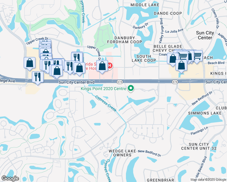 map of restaurants, bars, coffee shops, grocery stores, and more near 1101 Cambridge Trail in Sun City Center
