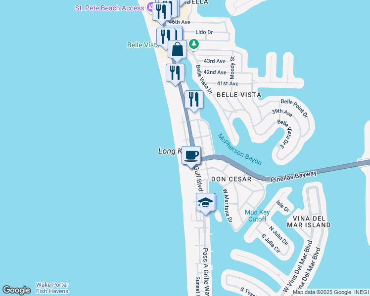 map of restaurants, bars, coffee shops, grocery stores, and more near 3516 El Centro Street in Saint Pete Beach