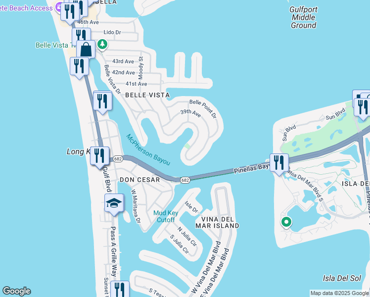 map of restaurants, bars, coffee shops, grocery stores, and more near 3665 Belle Vista Drive East in St. Pete Beach