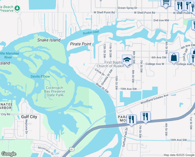 map of restaurants, bars, coffee shops, grocery stores, and more near 911 Oak Street Southwest in Ruskin