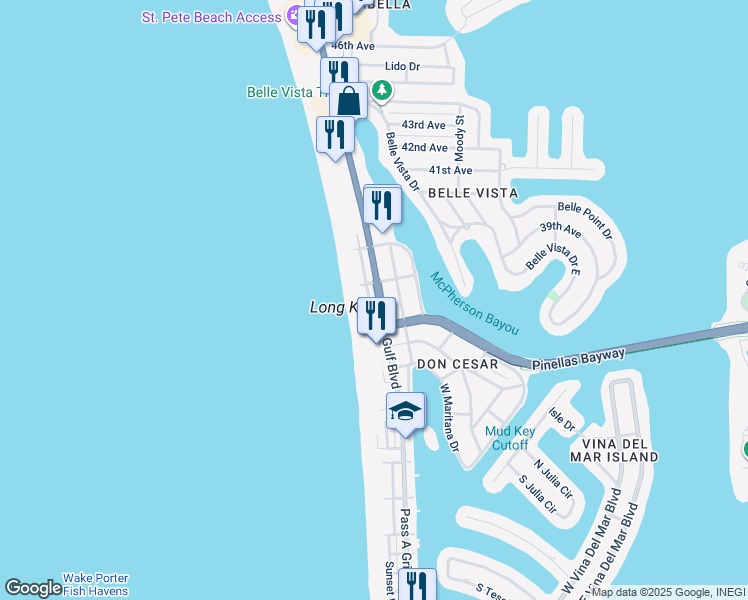 map of restaurants, bars, coffee shops, grocery stores, and more near 3511 Gulf Boulevard in St. Pete Beach