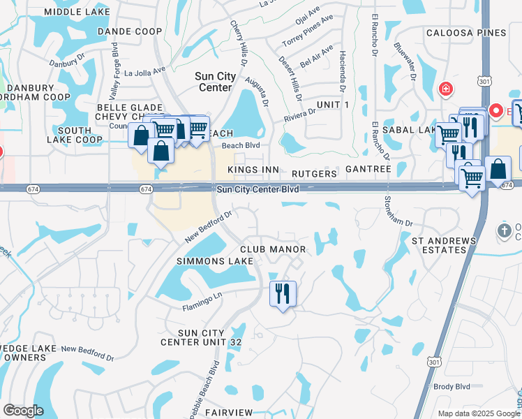 map of restaurants, bars, coffee shops, grocery stores, and more near 108 Carswell Circle in Sun City Center