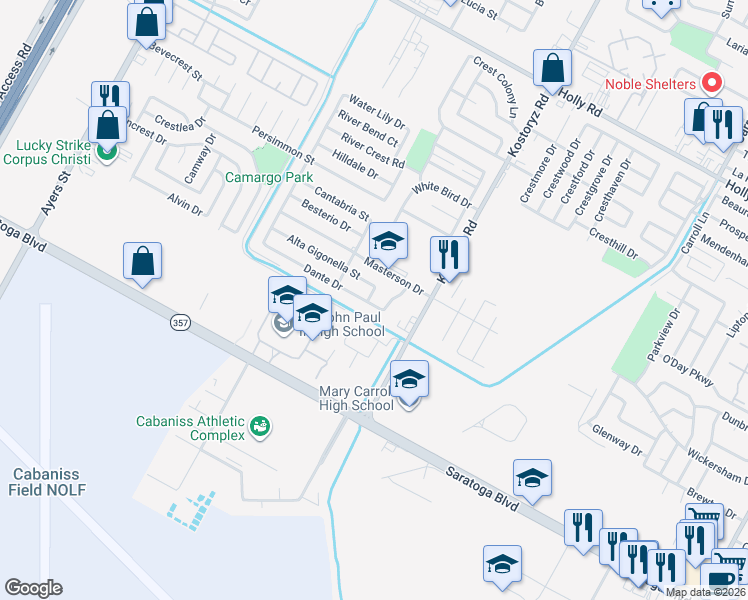 map of restaurants, bars, coffee shops, grocery stores, and more near 6217 Muntanya Street in Corpus Christi