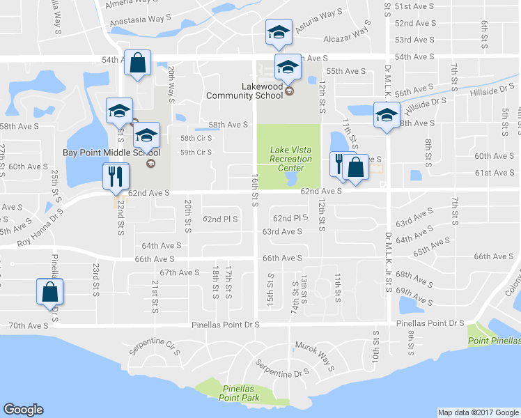 map of restaurants, bars, coffee shops, grocery stores, and more near 6236 16th Street South in Saint Petersburg