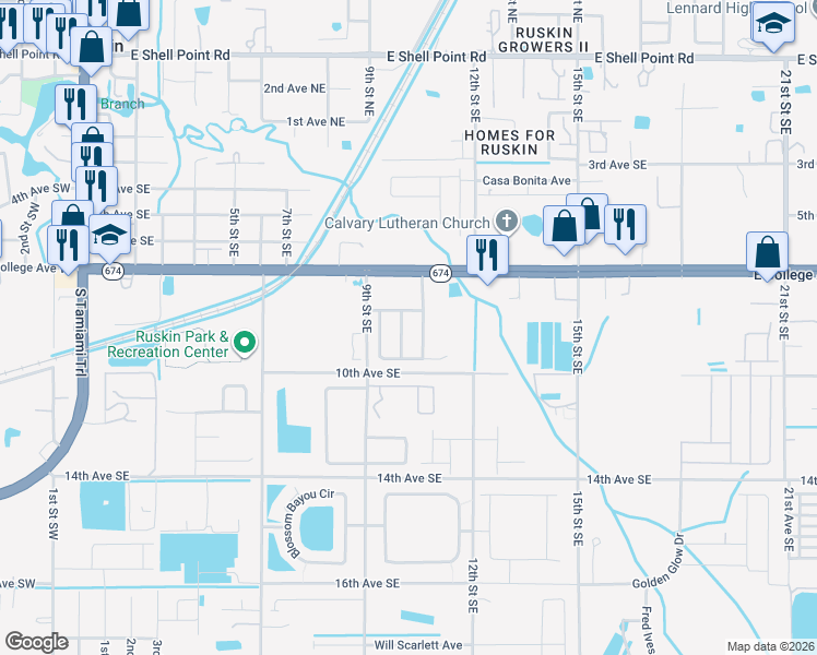map of restaurants, bars, coffee shops, grocery stores, and more near 812 College Leaf Way in Ruskin
