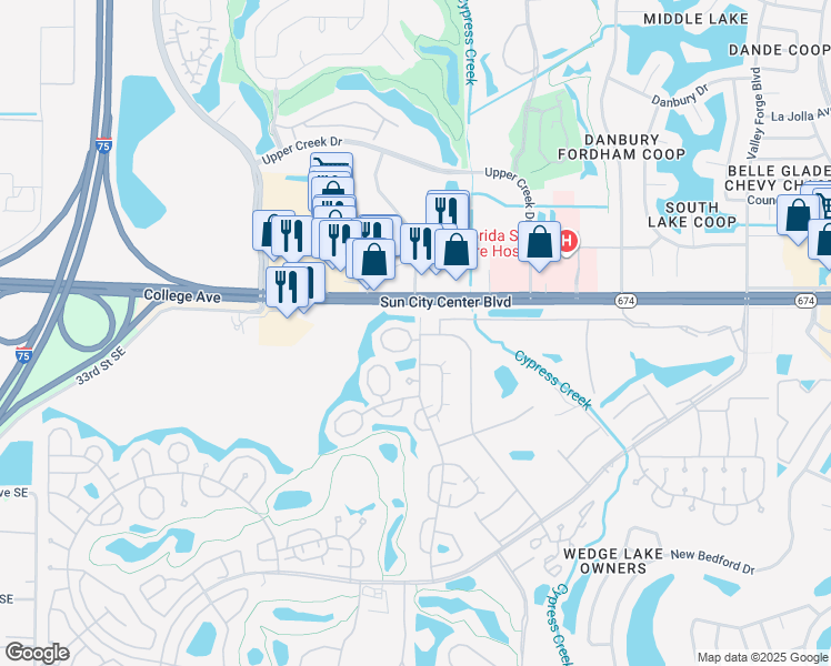 map of restaurants, bars, coffee shops, grocery stores, and more near 2301 Glenmore Circle in Sun City Center