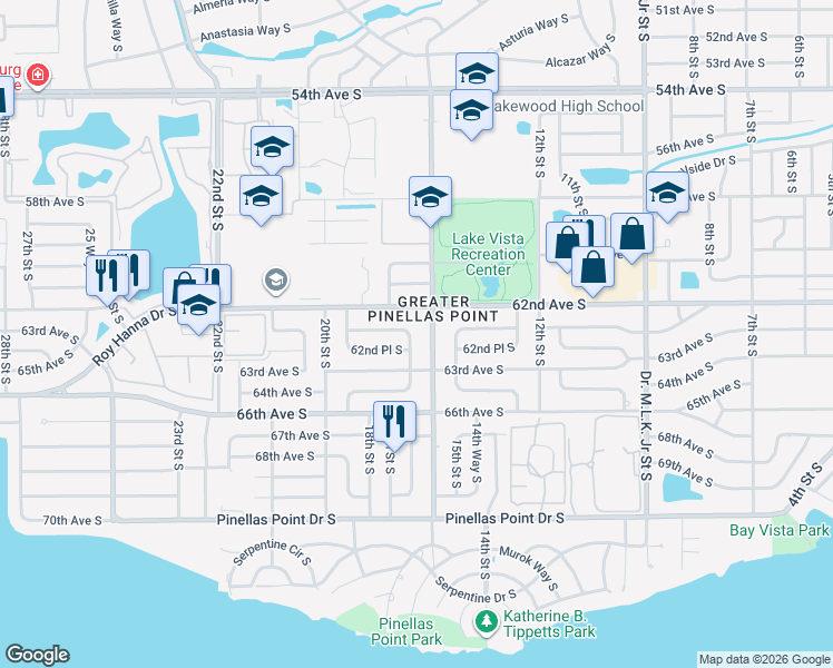 map of restaurants, bars, coffee shops, grocery stores, and more near 6236 16th Street South in St. Petersburg