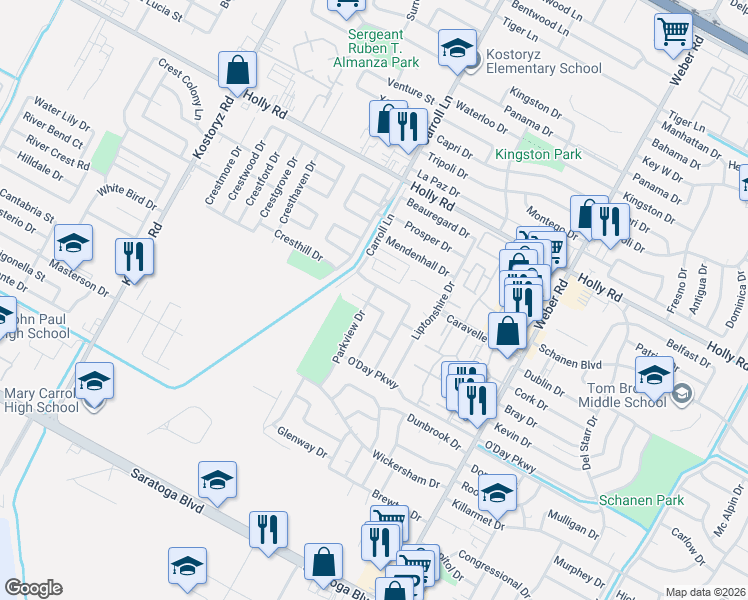 map of restaurants, bars, coffee shops, grocery stores, and more near 5921 Parkview Drive in Corpus Christi