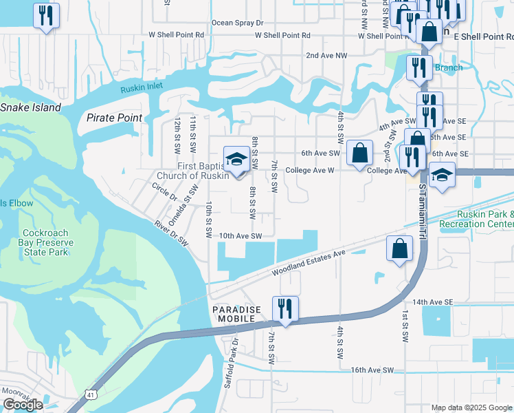 map of restaurants, bars, coffee shops, grocery stores, and more near 808 8th Street Southwest in Ruskin