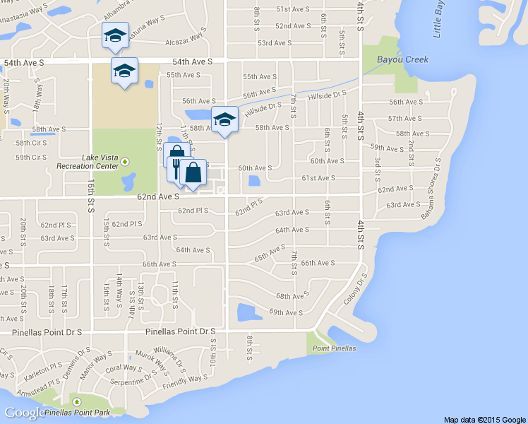 map of restaurants, bars, coffee shops, grocery stores, and more near 757 63rd Avenue South in St. Petersburg