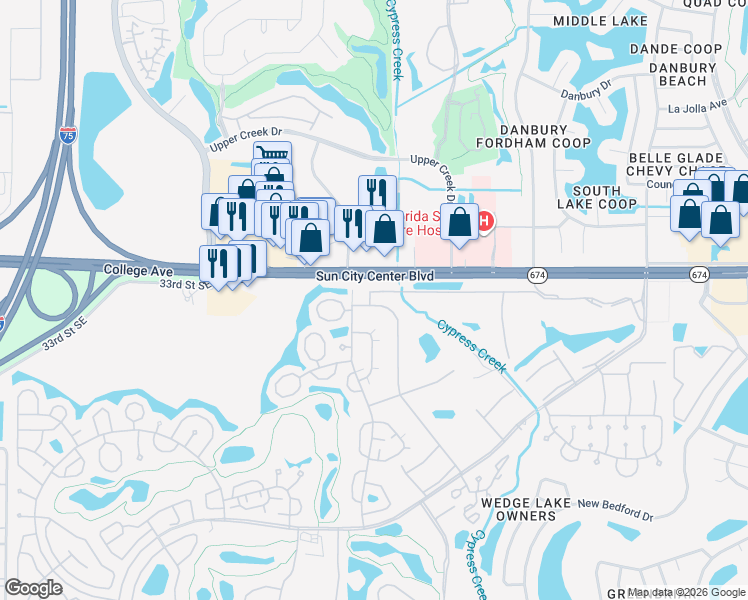 map of restaurants, bars, coffee shops, grocery stores, and more near 1908 Canterbury Lane in Sun City Center