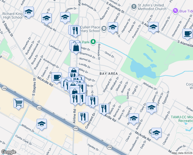 map of restaurants, bars, coffee shops, grocery stores, and more near 5938 Kimbrough Drive in Corpus Christi