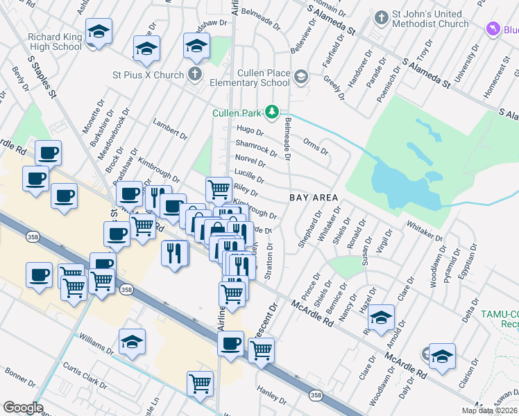 map of restaurants, bars, coffee shops, grocery stores, and more near 5909 Kimbrough Drive in Corpus Christi
